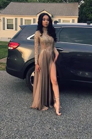 high slit long sleeve coffee lace jersey prom gown