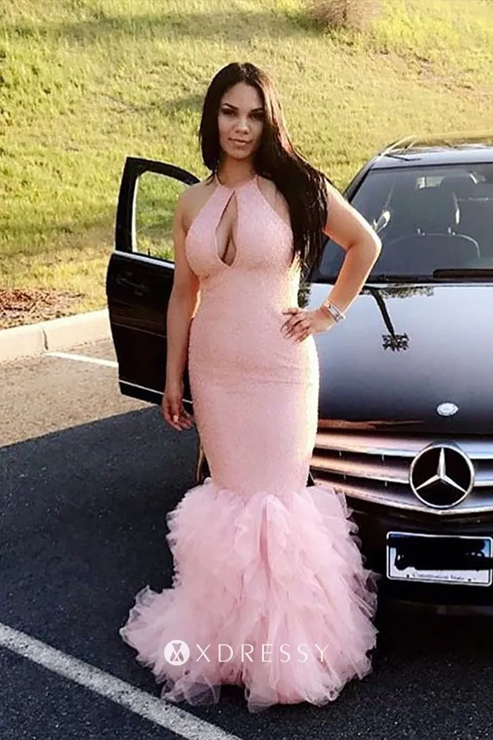 ruffled tulle trumpet baby pink keyhole prom dress