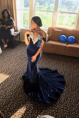 dark navy velvet lace appliqued V neck prom dress