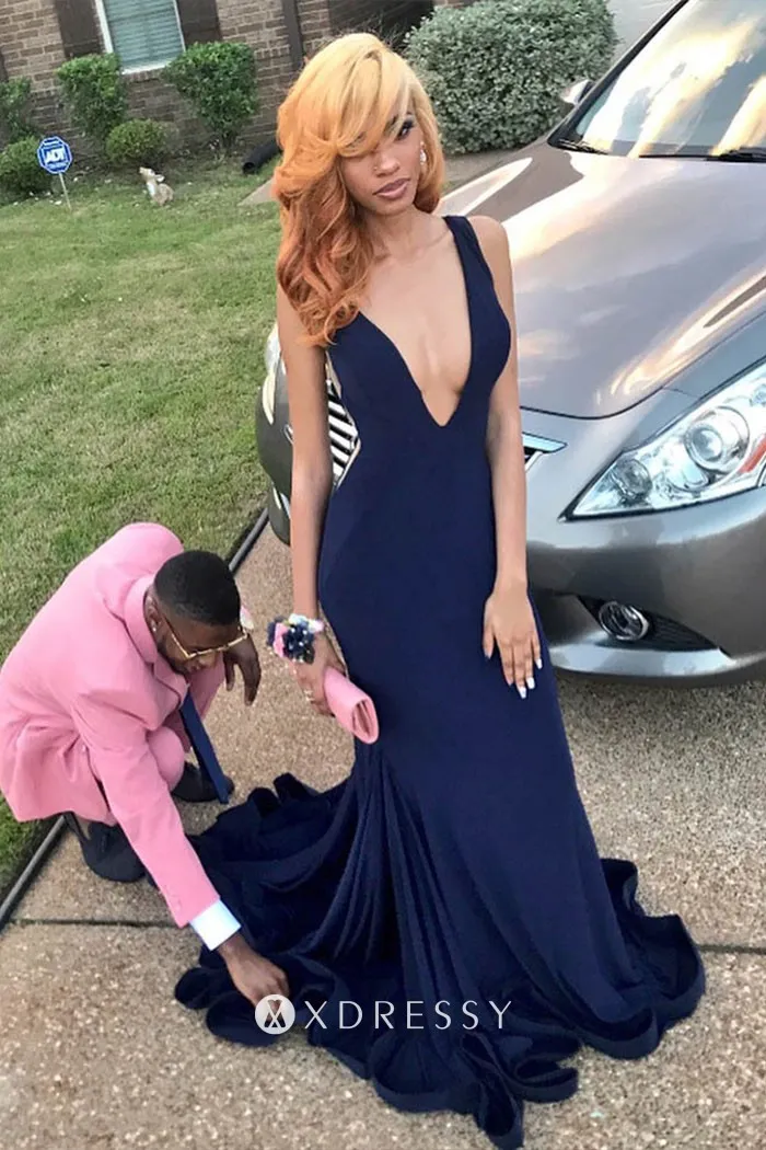 plunging neck flounced train navy prom dress plunging neck flounced train navy prom dress