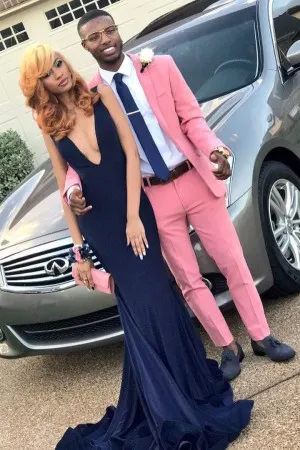 sexy plunging neck flounced train navy mermaid prom dress