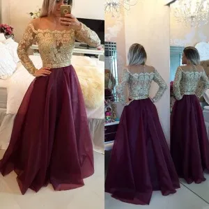 gold lace burgundy organza two tone long prom gown
