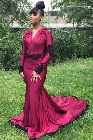 black lace magenta red sleeved V neck prom dress