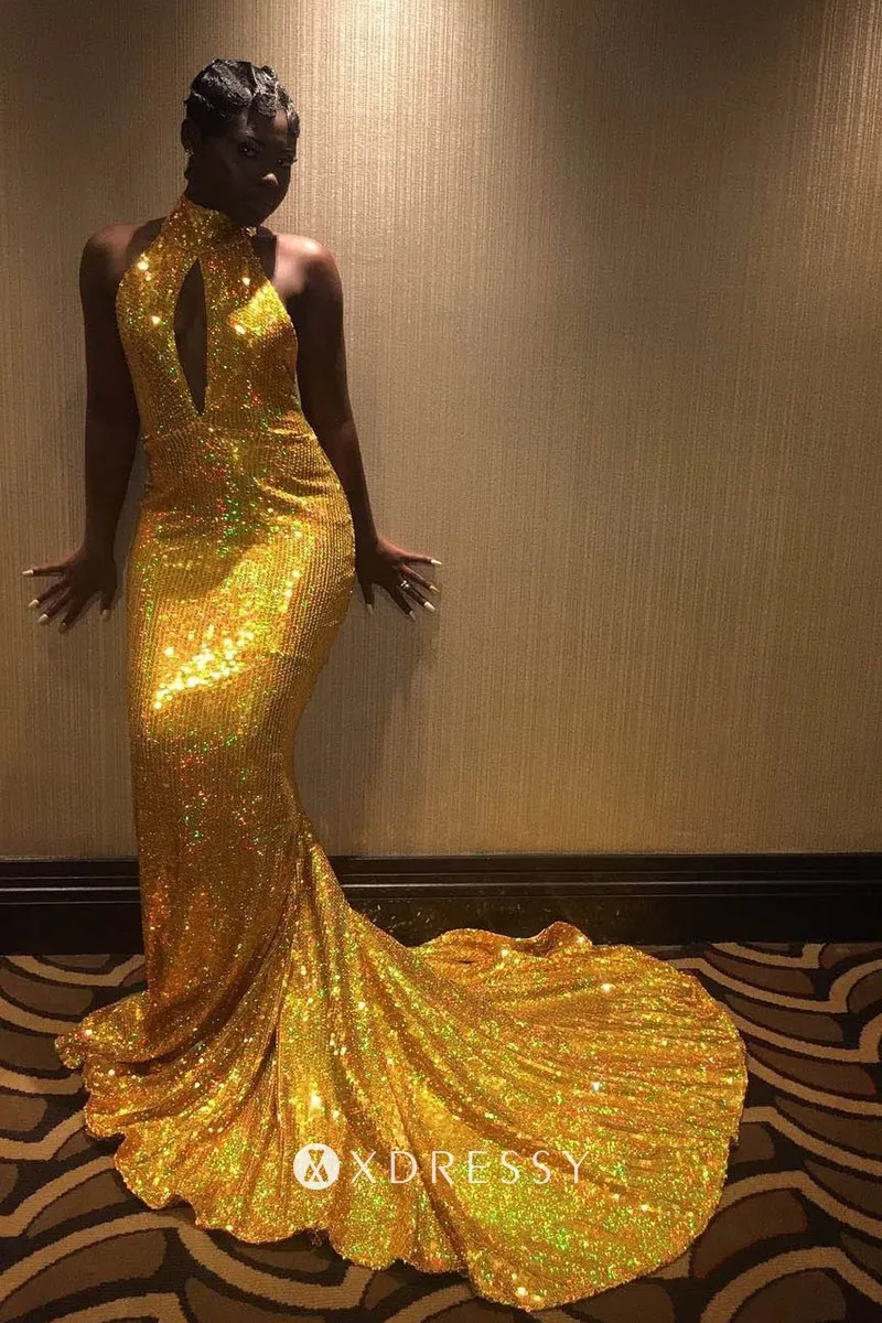 sparkly gold sequin high neck long train prom gown