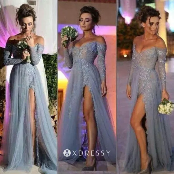 long sleeve dusty blue beaded A line prom dress long sleeve dusty blue beaded A line prom dress