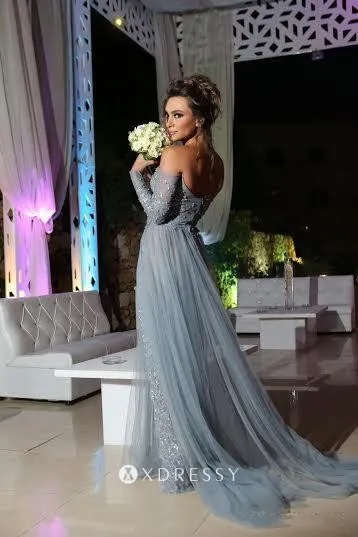 low back long sleeve dusty blue beaded prom dress low back long sleeve dusty blue beaded prom dress