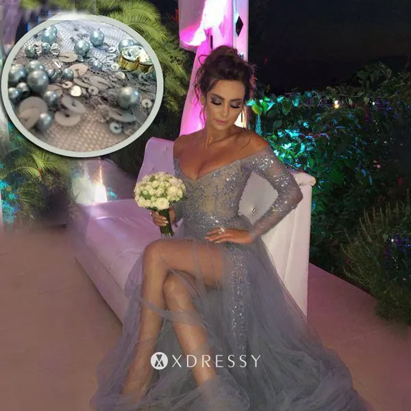 off the shoulder V neck long sleeve dusty blue beaded prom dress off the shoulder V neck long sleeve dusty blue beaded prom dress