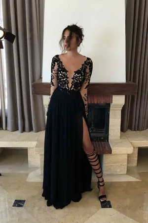 sexy plunging neck slit illusion black prom dress