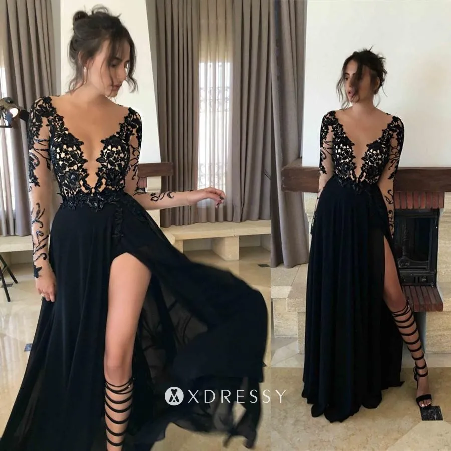 thigh high slit plunging neck illusion black prom dress