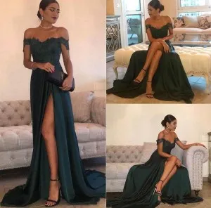 thigh high slit off shoulder dark green prom dress
