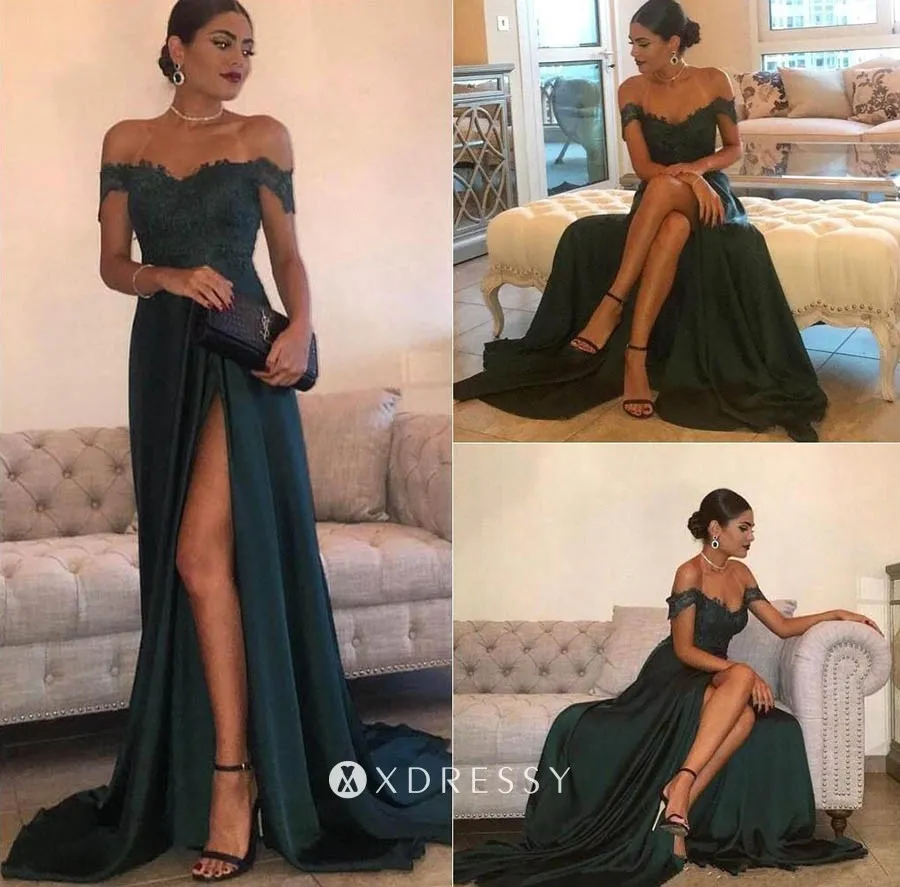 thigh high slit off shoulder dark green prom dress thigh high slit off shoulder dark green prom dress