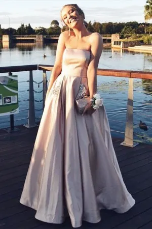 strapless nude satin beading pockets prom dress