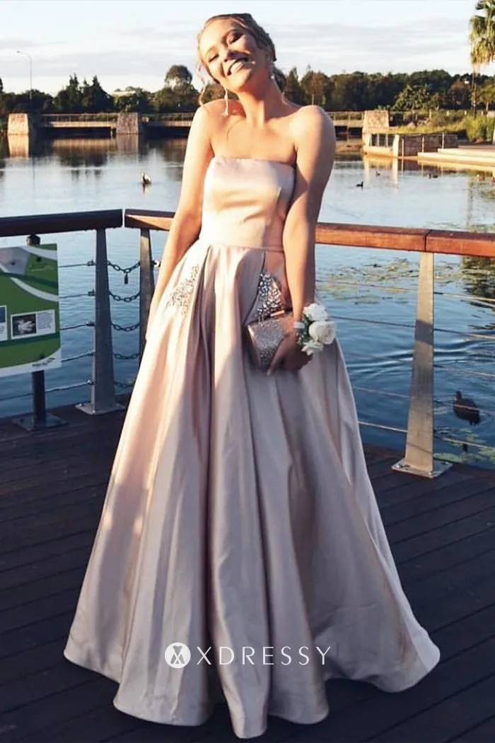 Strapless Nude Satin Beading Pockets 