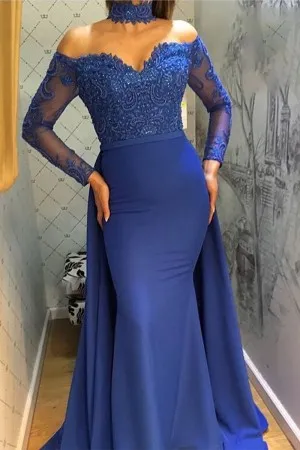 royal blue lace spandex prom gown with overskirt