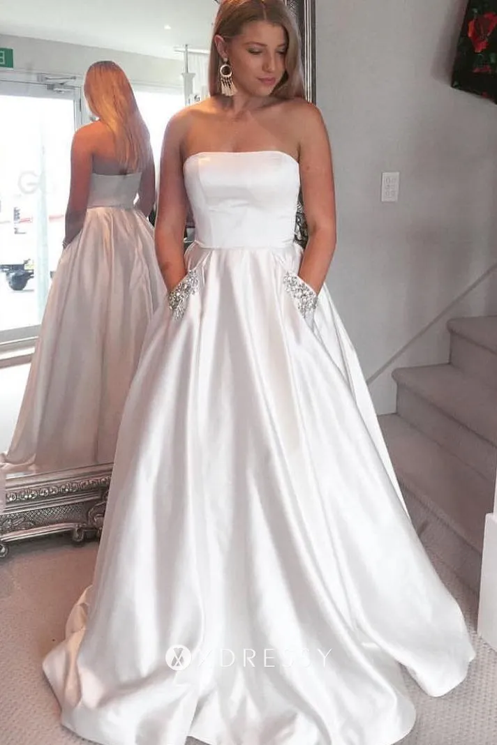 white satin strapless beaded pockets prom ballgown white satin strapless beaded pockets prom ballgown