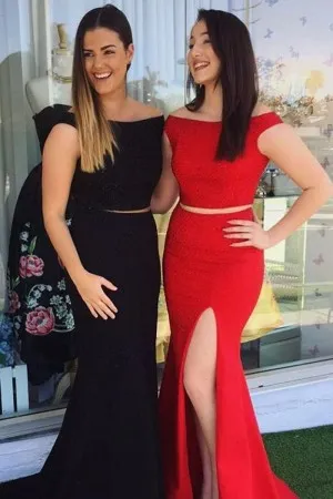 cap sleeve two piece slit mermaid formal prom gown
