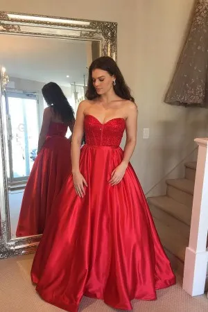 beaded strapless sweetheart red formal ball gown