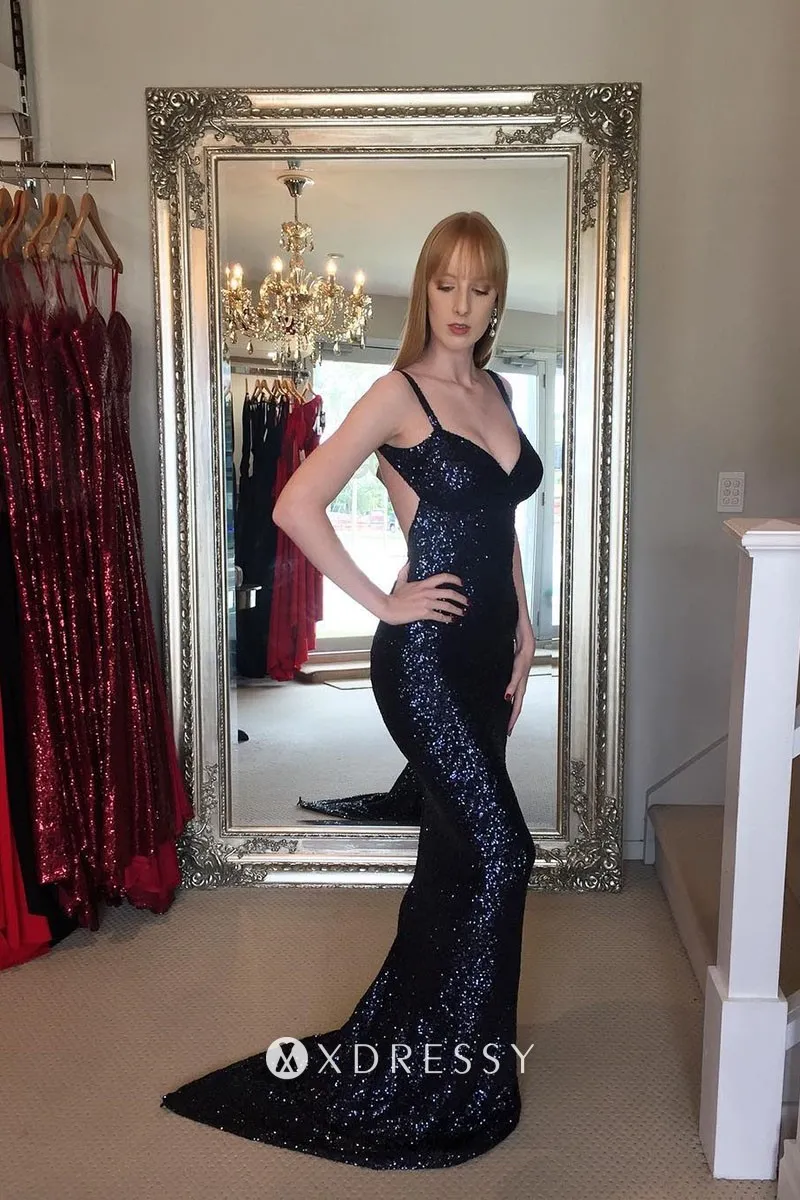 backless V neck black sequin mermaid formal dress backless V neck black sequin mermaid formal dress