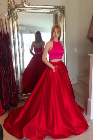 two piece fuchsia red sleeveless prom ball gown