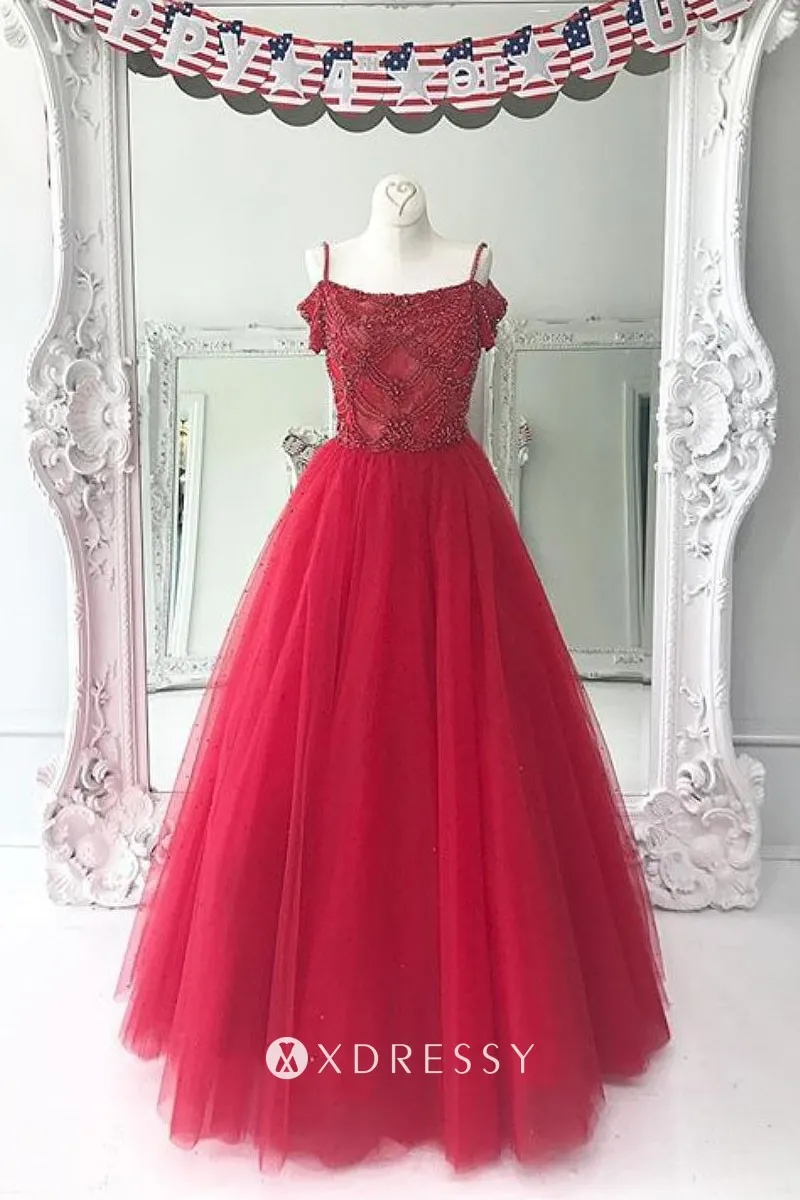 cold shoulder beaded red tulle A line formal dress