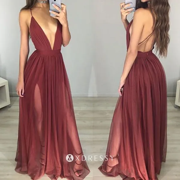 plunging neck high slit burgundy tulle prom gown plunging neck high slit burgundy tulle prom gown