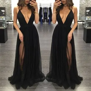 sexy plunging neck high slit black tulle prom gown