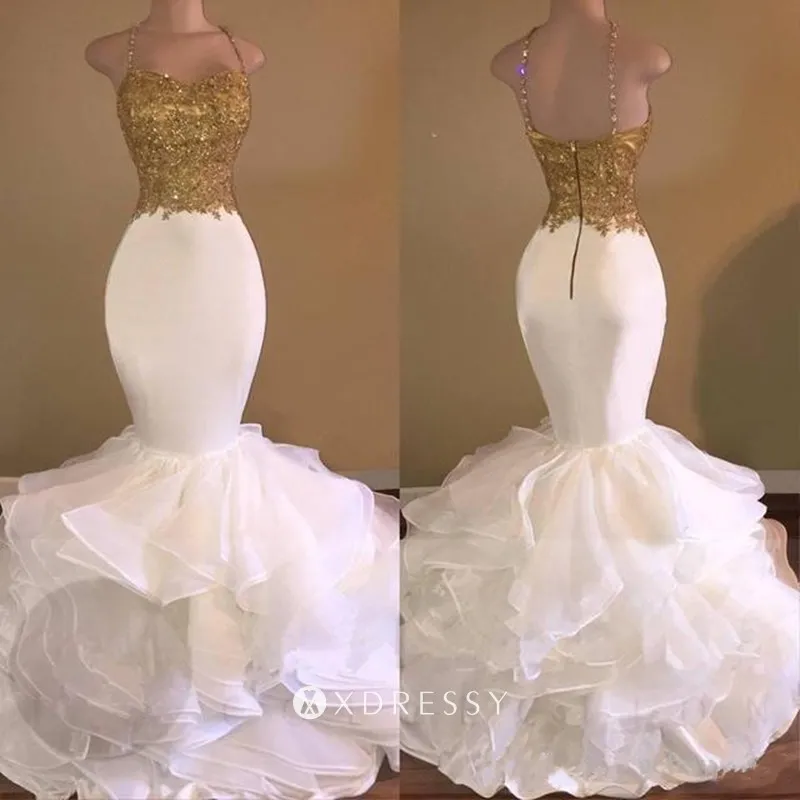 tiered trumpet gold lace white organza prom gown