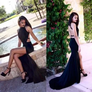 sexy thigh split low back black long prom dress