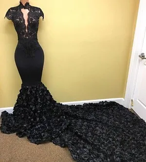 high neck black lace 3D rose long train prom dress