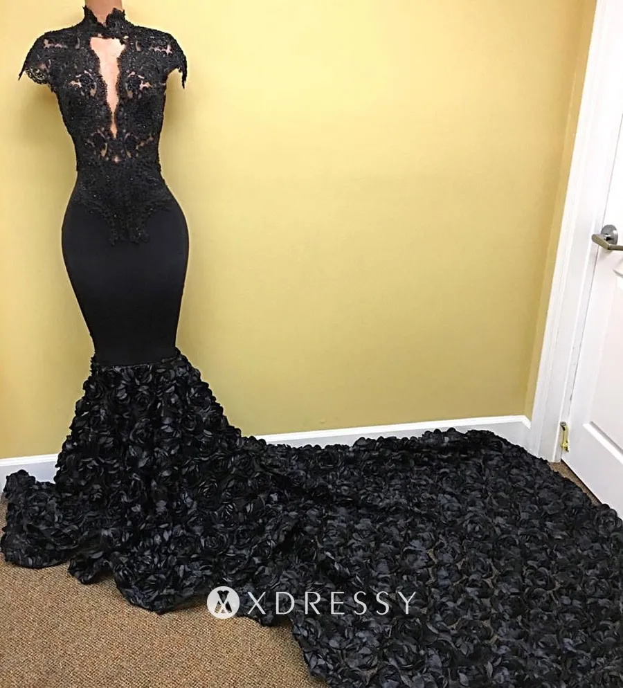 high neck black lace 3D rose long train prom dress high neck black lace 3D rose long train prom dress