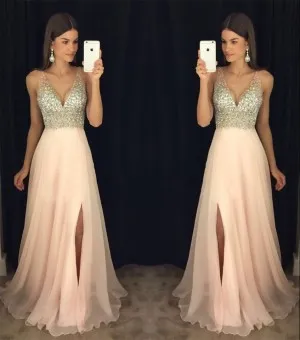 Champagne V-neck Formal Dresses Beading Sexy Prom Dress Viniodress FD1