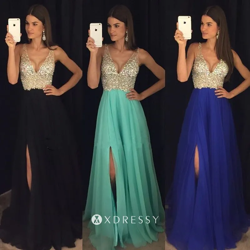 high slit V neck diamond nude chiffon prom dress