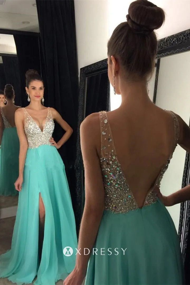 low V back diamond nude chiffon high slit prom dress