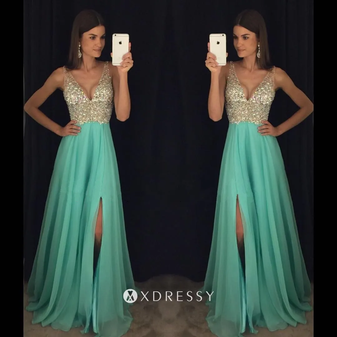 sleeveless V neck diamond nude chiffon prom dress