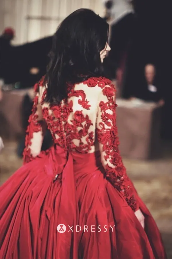 illusion back red floral taffeta designer Quinceaera ball gown