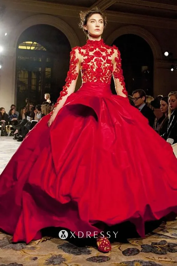 long sleeve red floral taffeta designer Quinceaera ball gown