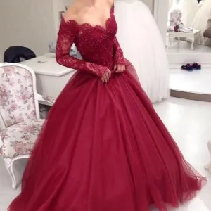 cherry lace tulle scalloped off shoulder prom gown