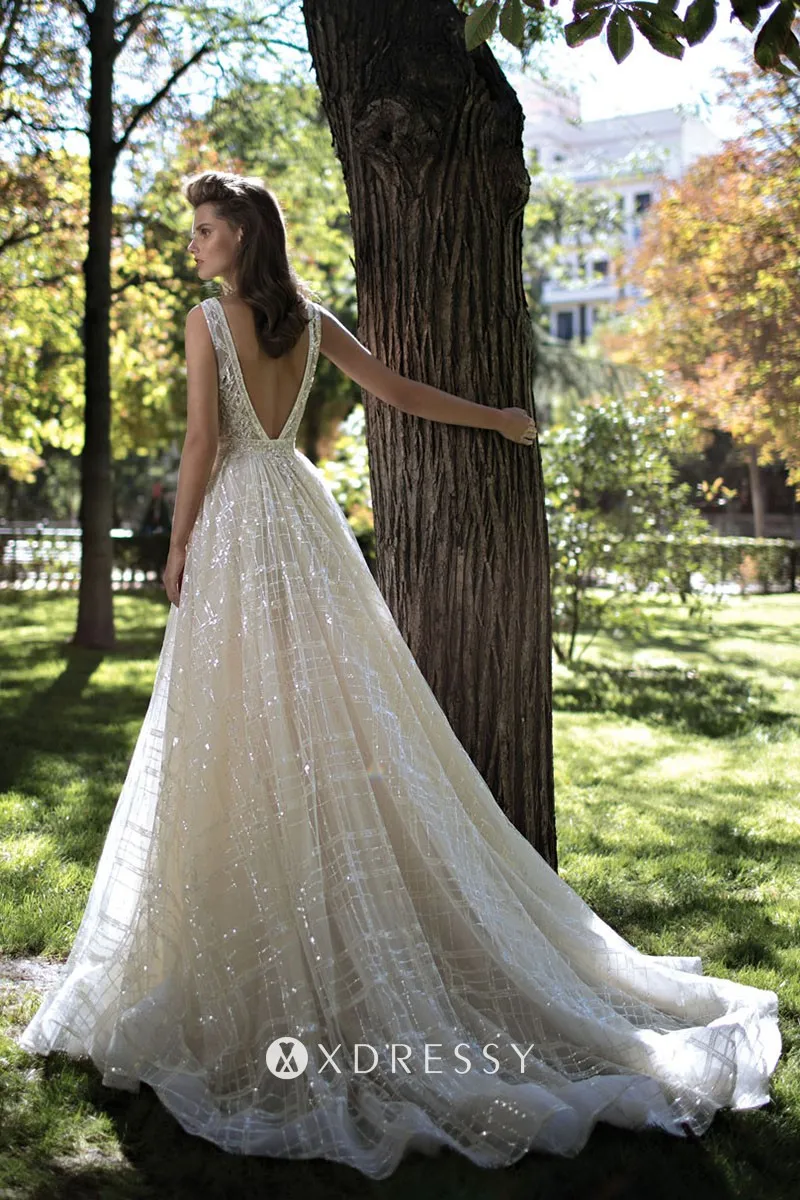 deep V back plunging neck sparkly glitter flounced prom dress
