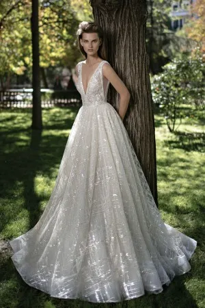 sparkly glitter plunging neck flounced prom dress