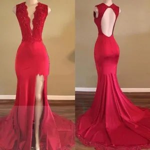 open back thigh split red long train mermaid prom dress