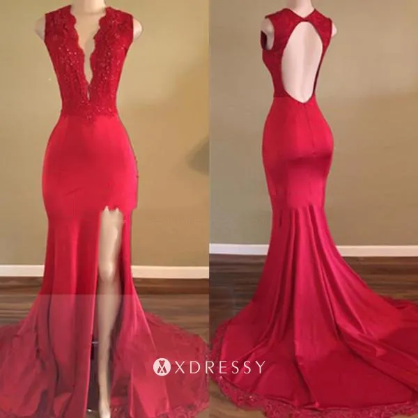 open back thigh split red long train mermaid prom dress open back thigh split red long train mermaid prom dress