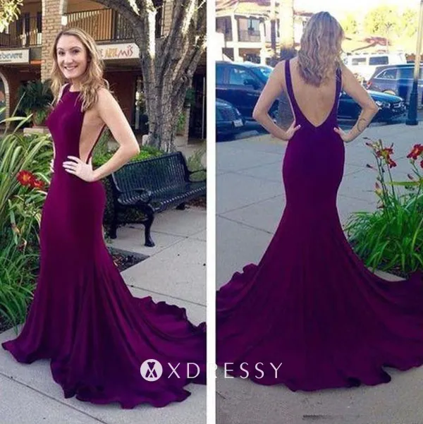 flounced long train sleeveless wine spandex long prom dress