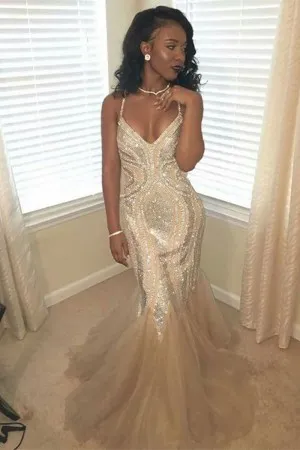 silver glitter beading champagne tulle mermaid prom dress
