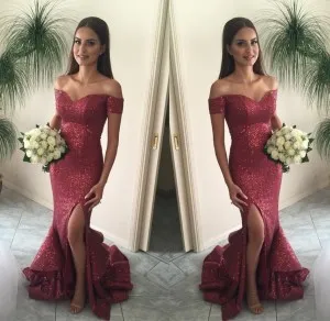 off shoulder short sleeve maroon sequin prom gown