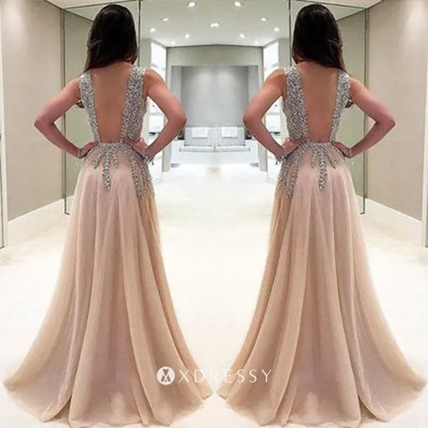glitter beading champagne tulle low back prom gown