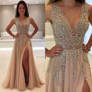 glitter beading champagne tulle plunging neck prom gown