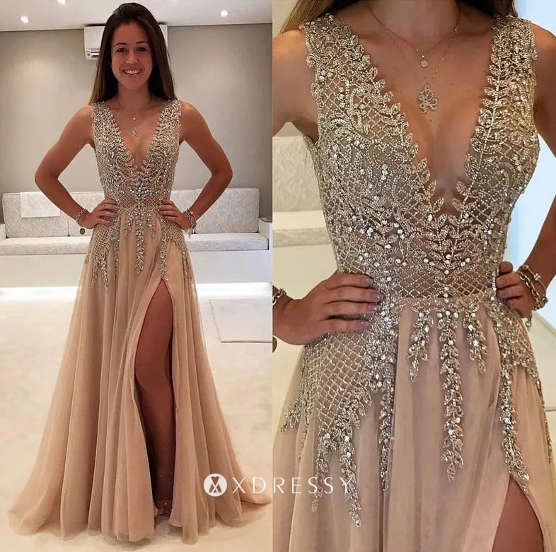 glitter beading champagne tulle plunging neck prom gown