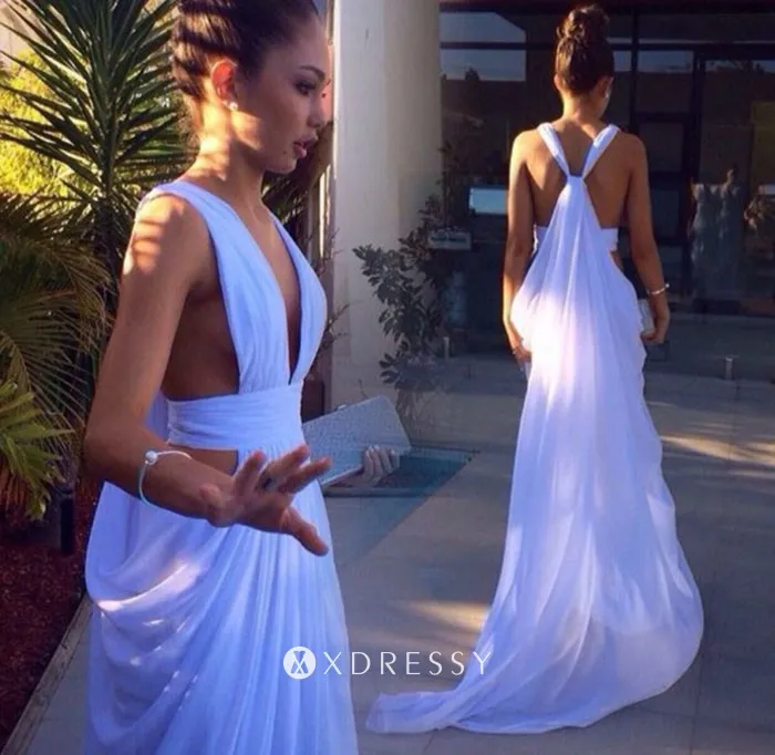 strap back white chiffon cut out slit unique prom gown