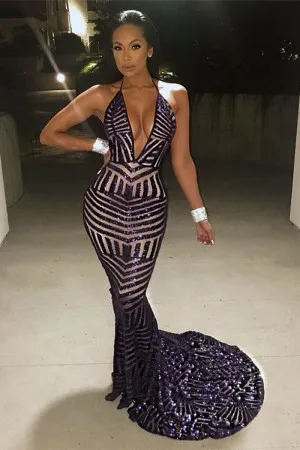 dark navy sequin plunging neck backless prom gown