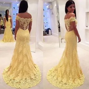 yellow lace scalloped off shoulder formal dress